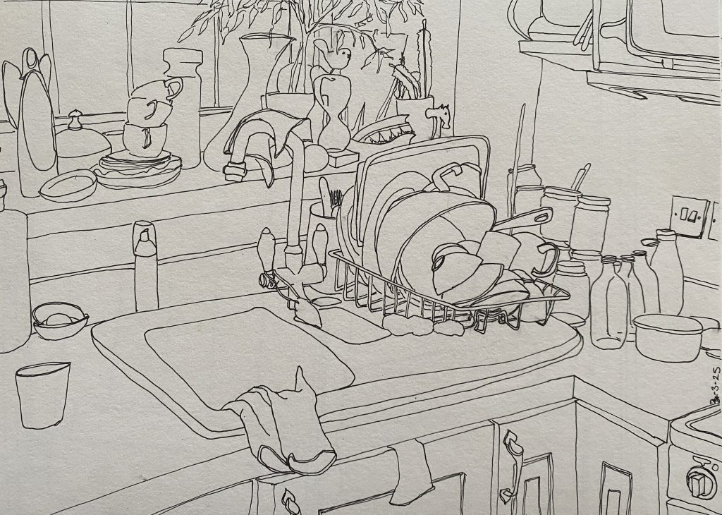 Line drawing of a messy kitchen sink